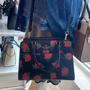 Kate Spade Madison Safiano Leather Medium Rose Toss Print Satchel Handbag 
NWT